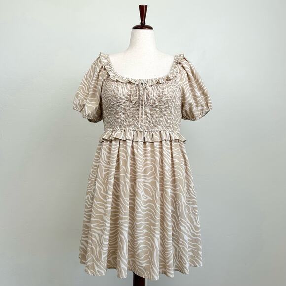 Arula Smocked Puff Sleeve Square Neck Tan Mini Dress - Picture 1 of 9